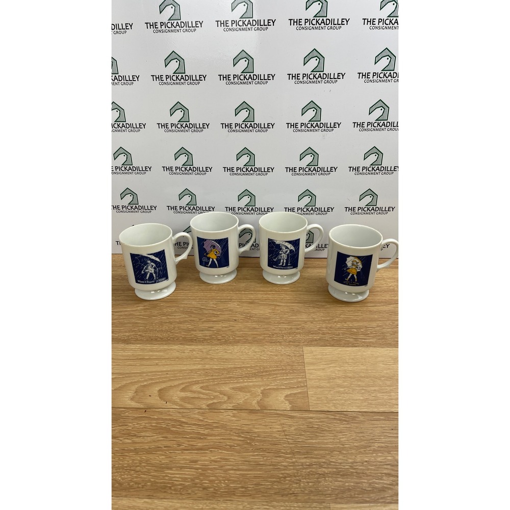 Morton Salt Girl Vintage Pedestal Coffee Mugs Set of 4 When It Rains It Pours